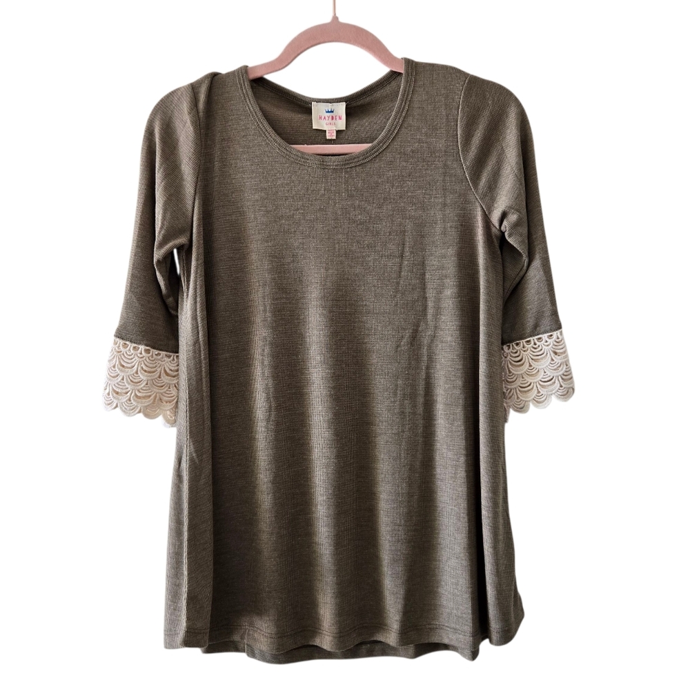 Hayden Girls Stretchy Ribbed Knit Crochet Lace 3/4 Sleeve Tunic Olive XL